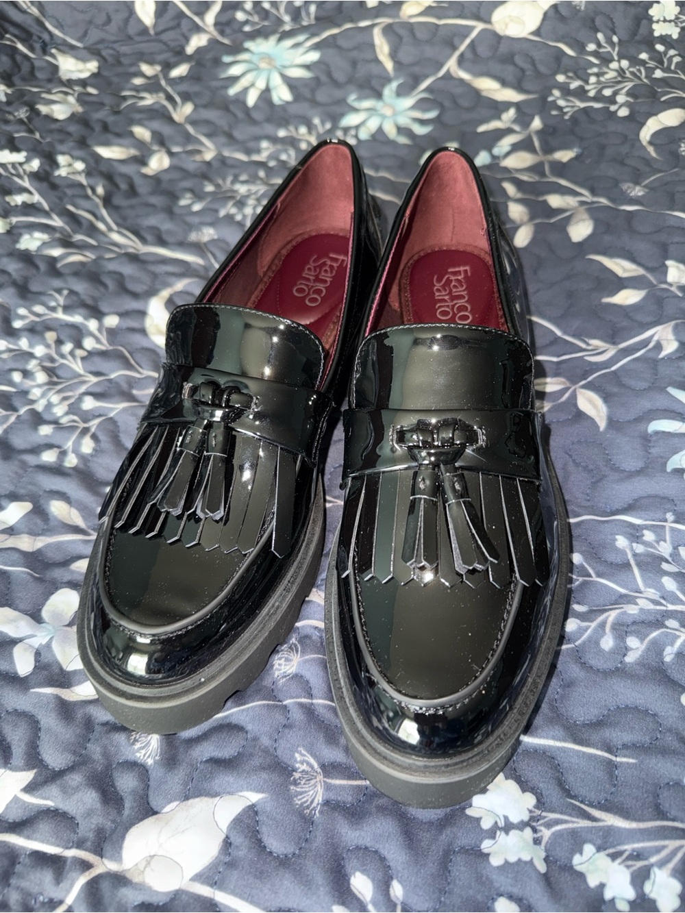 Franco Sarto Black Patent Fringe Tassel Loafers